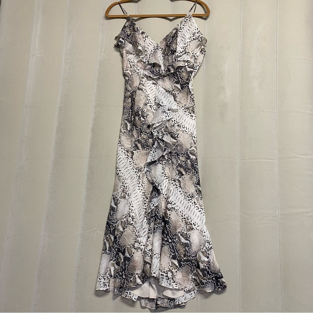 Haute Hippie Women’s Wrap Dress Small 100% Silk Midi Snakeskin Ruffles Feminine - Picture 2 of 12
